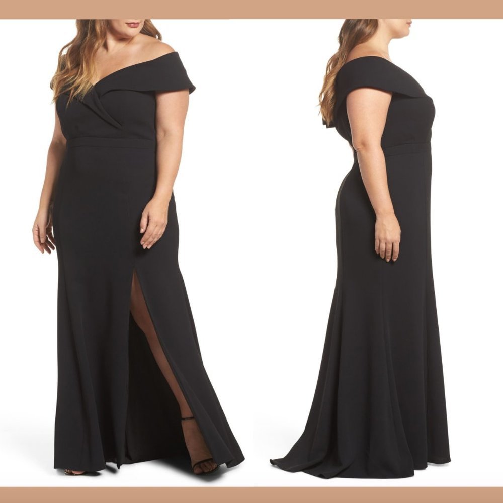 NWd Xscape‎ Off the Shoulder Front Slit Crepe Dress Black [ PLUS SZ 14W ] #Q86